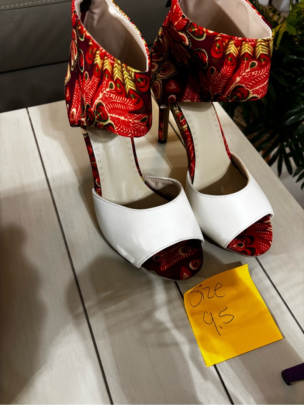 Women's White and Red Patterned High Heel Sandals